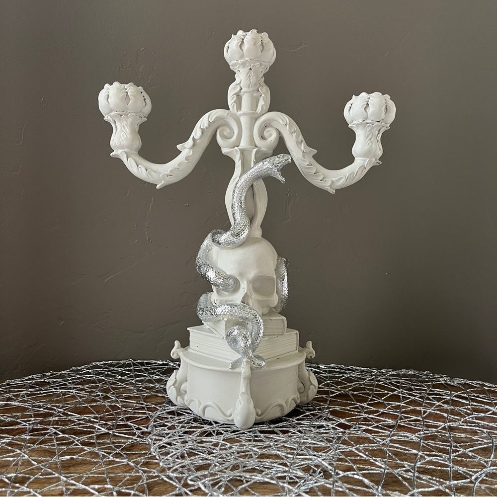 Skeleton Skull Spell Books & Snake Whimsical Candelabra Decor NWOT Candle Holder